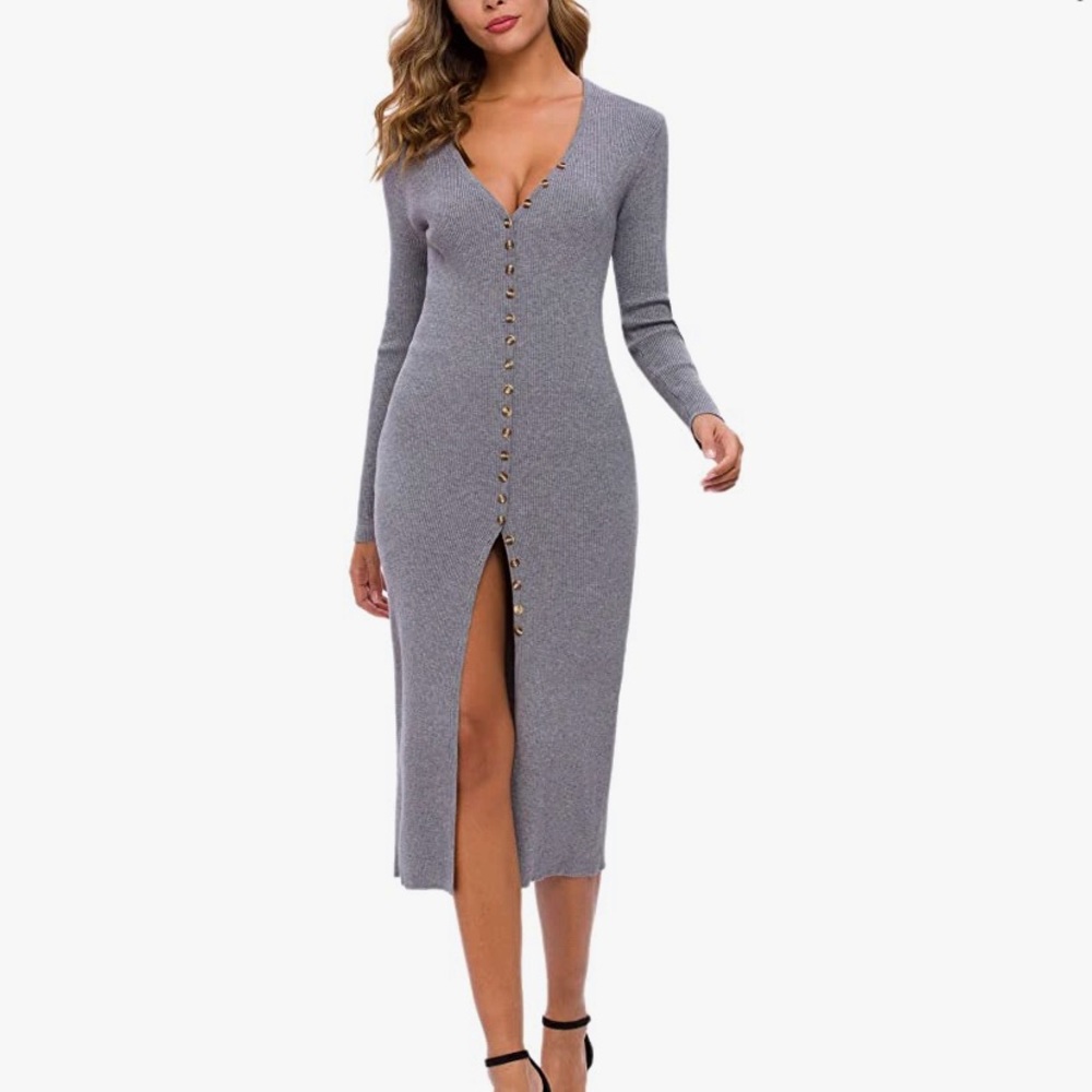 CMZ2005 Bodycon fall Longsleeve Sweater Dress with slit (PRICE FIRM)